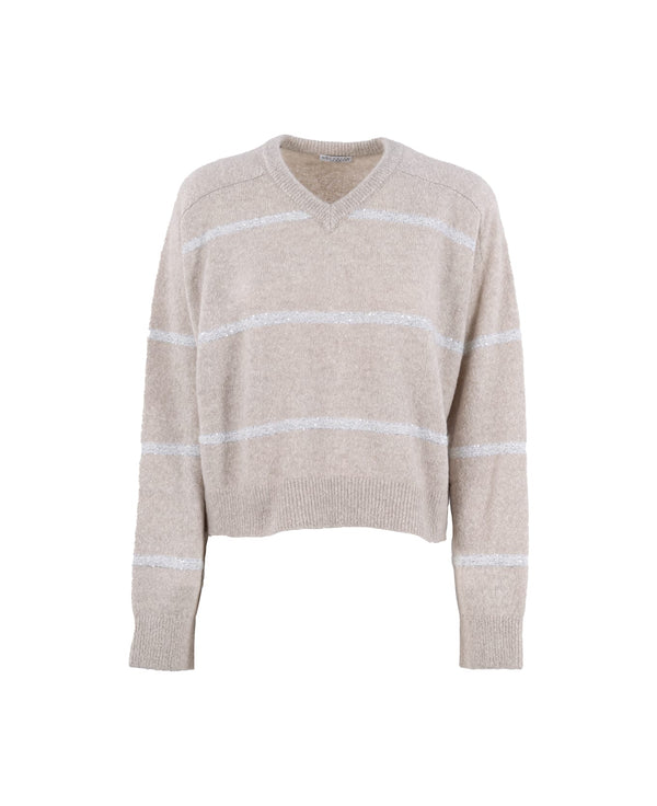 Brunello Cucinelli Womens Oyster Wool Blend V Neck Sweater One Color Clothing