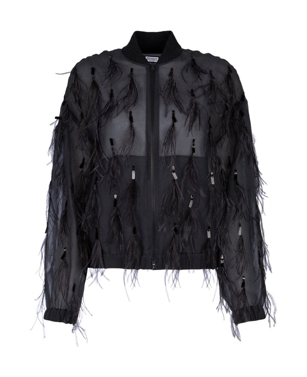 Brunello Cucinelli Womens Black Sheer Jacket With Embellishments Brown Clothing