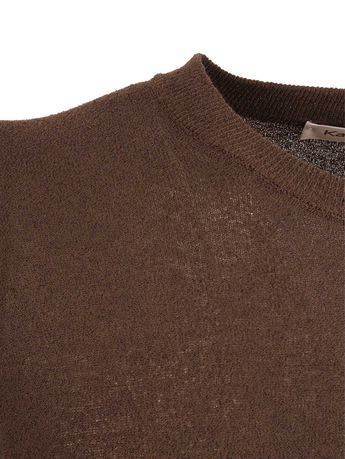 Short-Sleeved Fully-Fashioned Crew Neck Sweater Brown Cotton Polyamide Crewneck