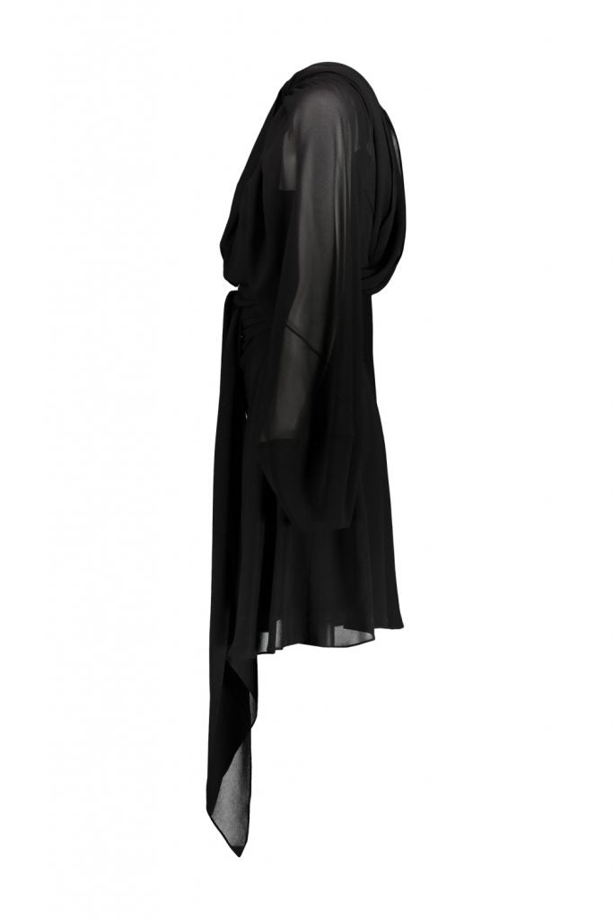 Long-sleeved Mini Dress In Chiffon Silk Black Abito