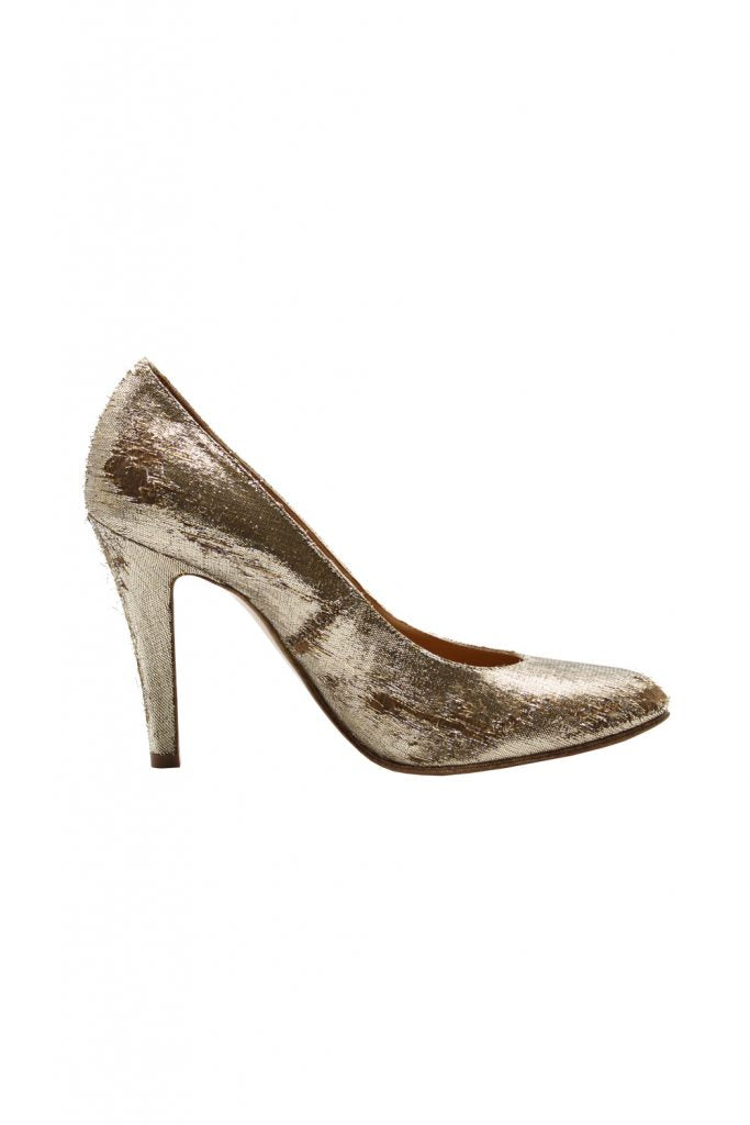 Pump With Destroyed Effect Gold Lurex Fabric Metallic Leather Calzature