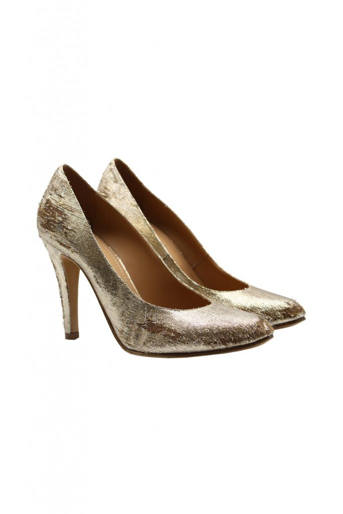 Pump With Destroyed Effect Gold Lurex Fabric Metallic Leather Calzature