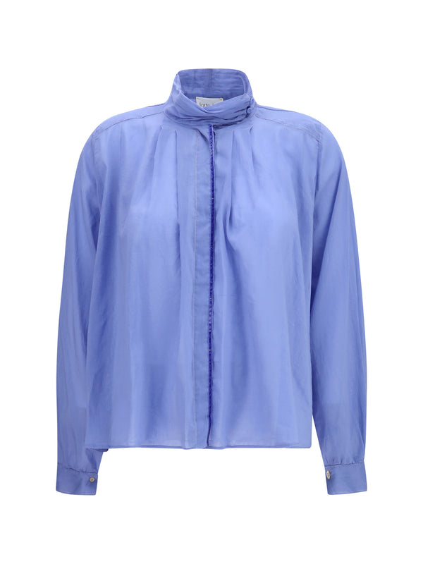Blouse High-Neck Oxford Blue Cotton Shirt