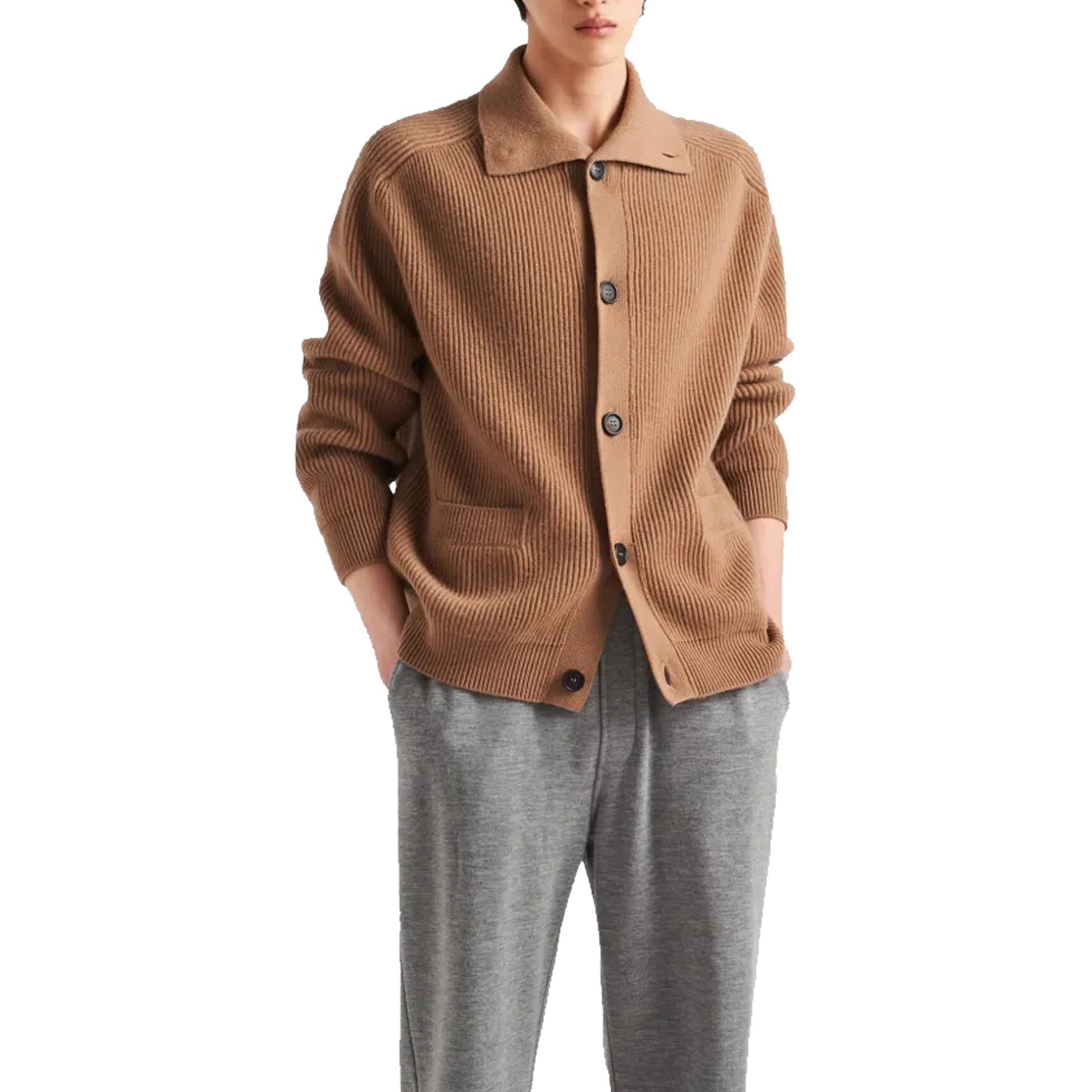 Ribbed Knit Cashmere Cardigan Brown