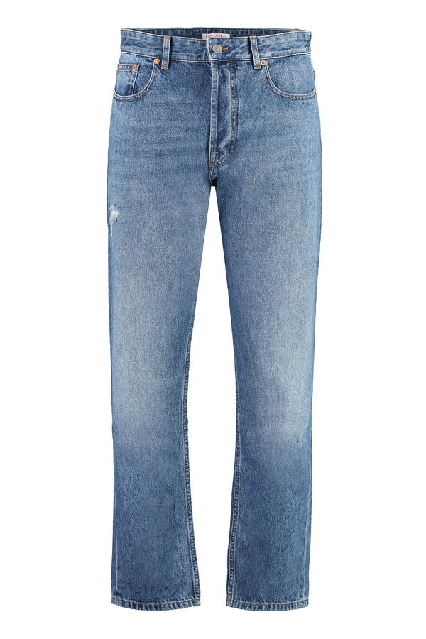 5-Pocket Straight-Leg Jeans Denim Cotton; Patch: Leather Regular &