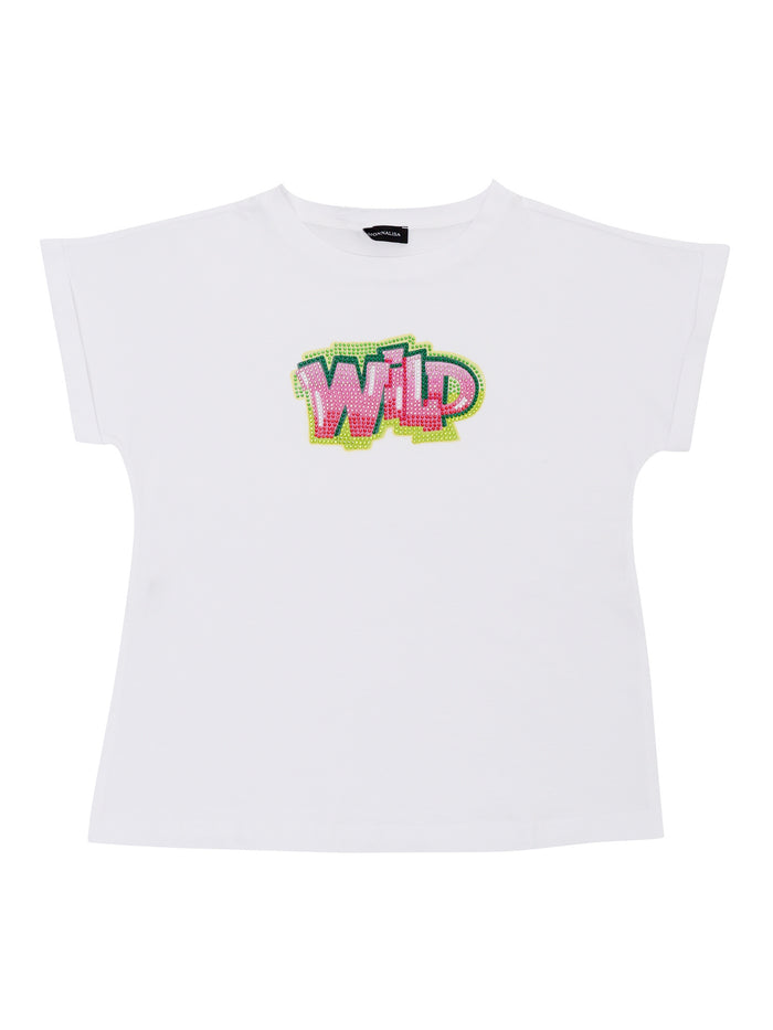 Girls T-shirt with rhinestones White Cotton Short Sleeves