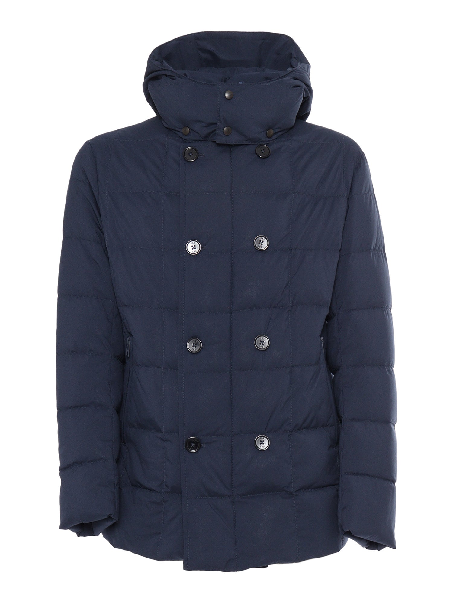 Double Breasted Hooded Down Jacket Blue Short Puffer