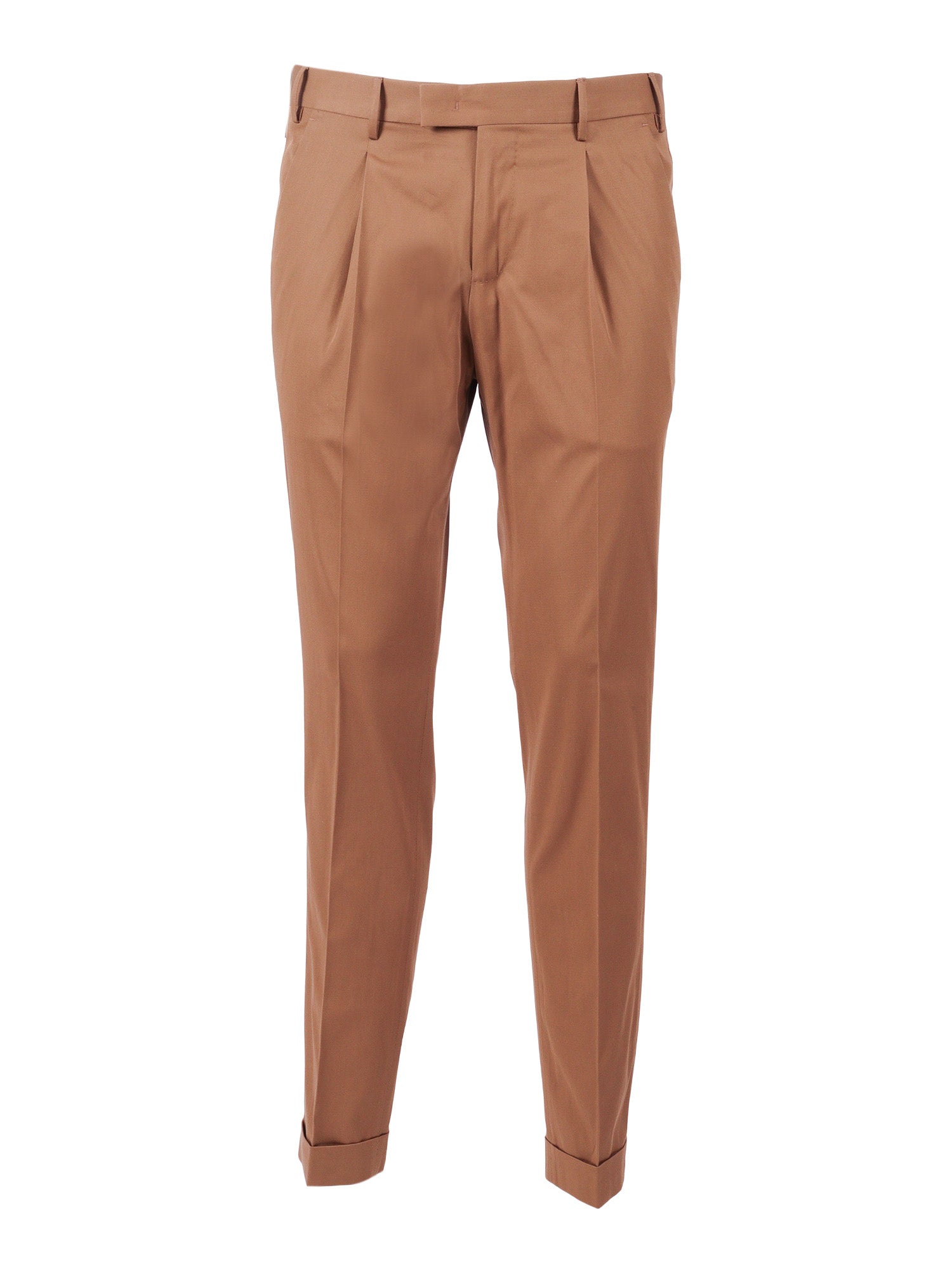 Master, 1 Pleat, Diagonal Pockets, Flap Back Turn-Up Beige Cotton Silk Elastane Pant