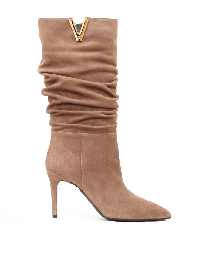 GOLDEN V + STILETTO HEEL BOOTS Beige Leather Sole Rubber