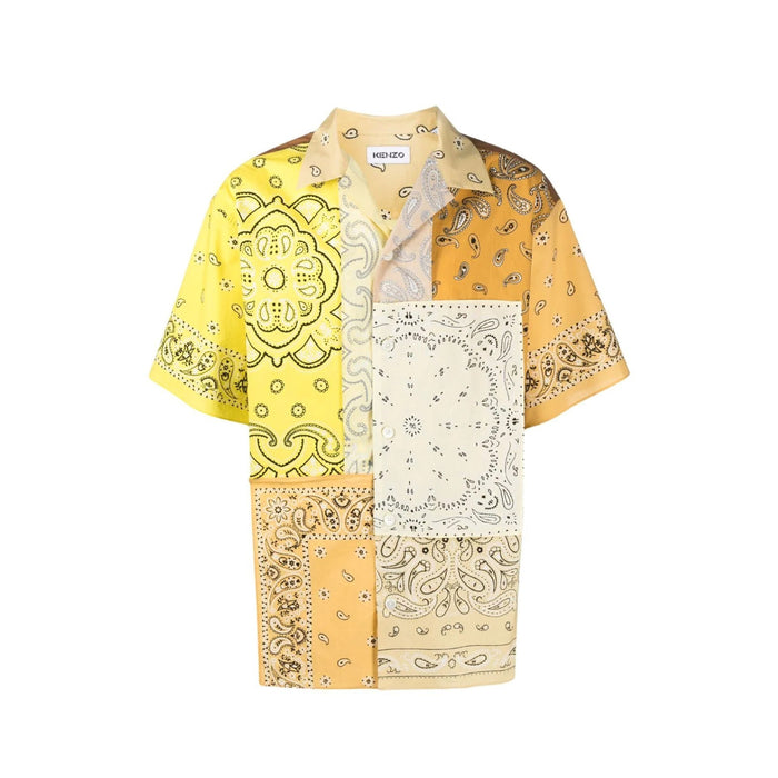 Patchwork Short Sleeves Shirt Yellow Cotton