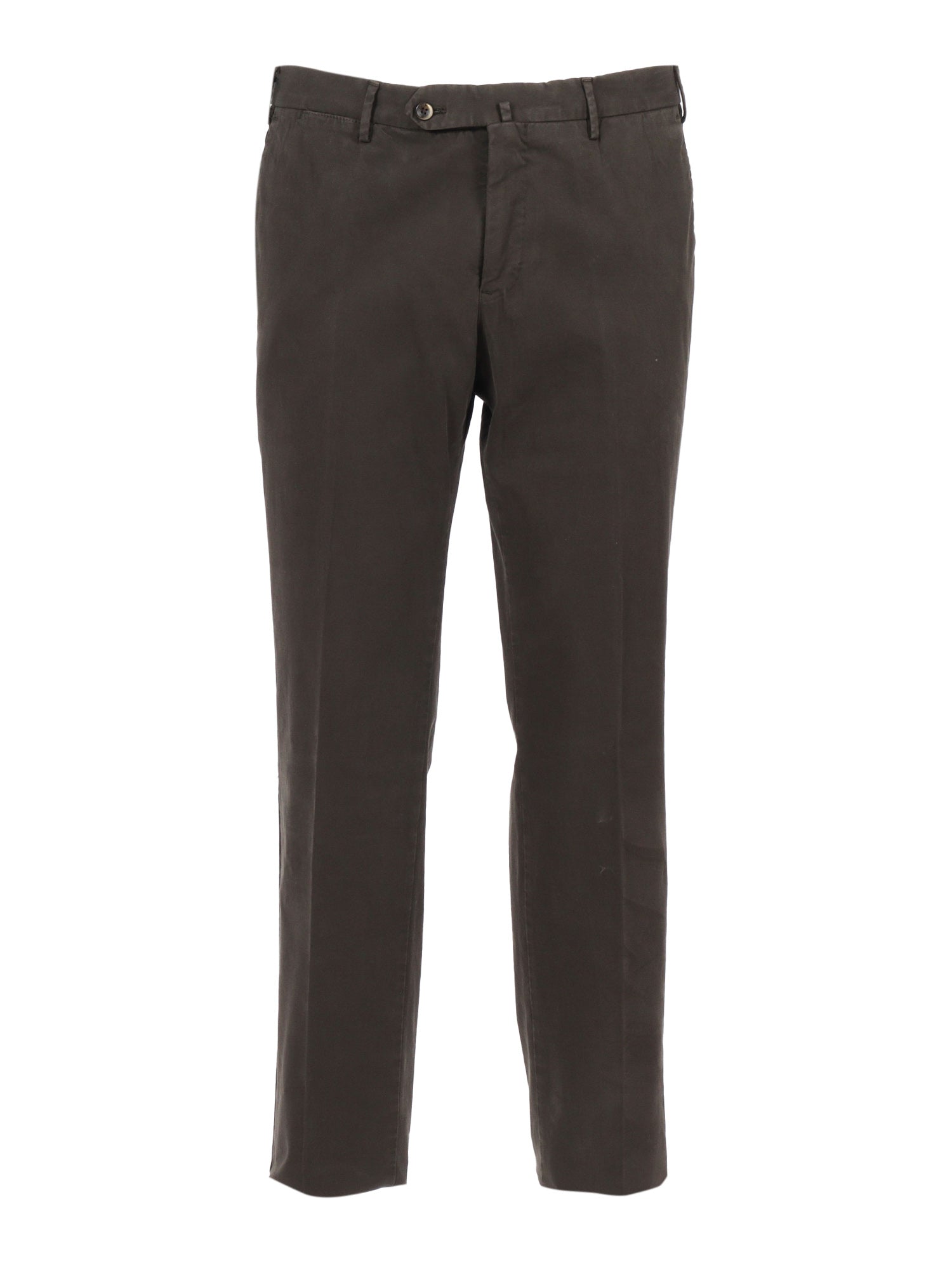 Slim, Flat Front, Diagonal Pockets, Unfinished Brown Cotton Elastane Pant
