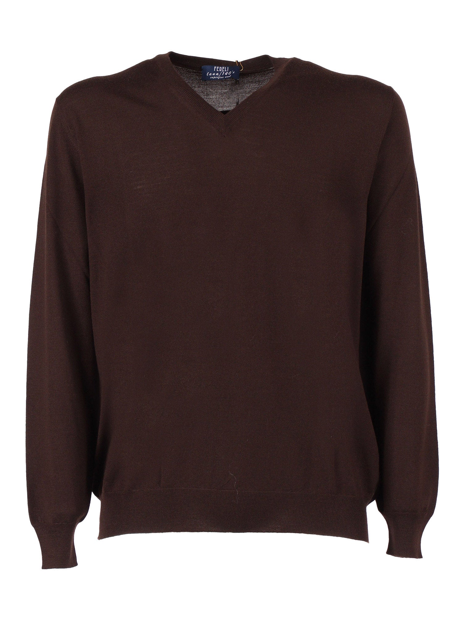 V-Neck L-S Knitted Sweater Man Brown Virgin Wool V Neck