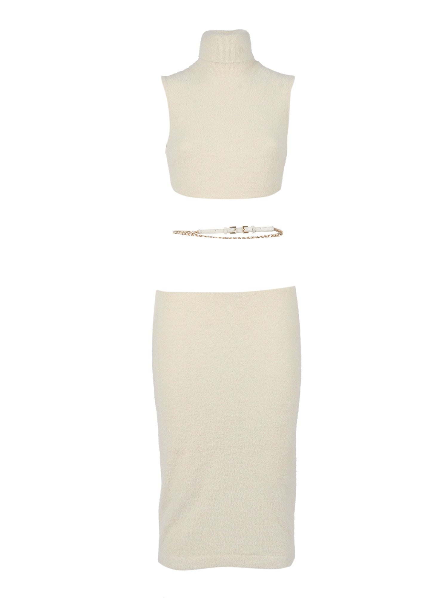 Womans Knitted Dress With Belt White Polyamide Cotton Midi