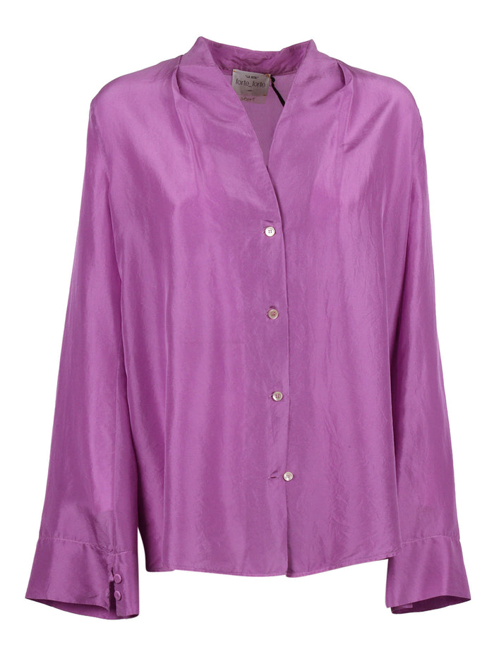 Long-Sleeved V-Neck Silk Habotai Purple V Neck