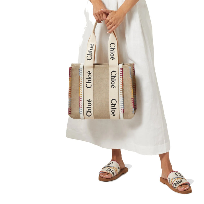 Chloé Woody Medium Tote Bag Beige Linen