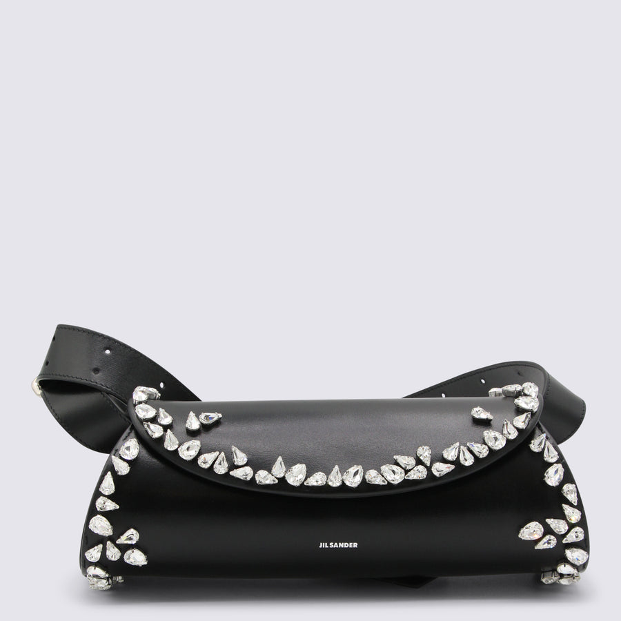 Jil Sander Leather with crystal studs shoulder bag in black
