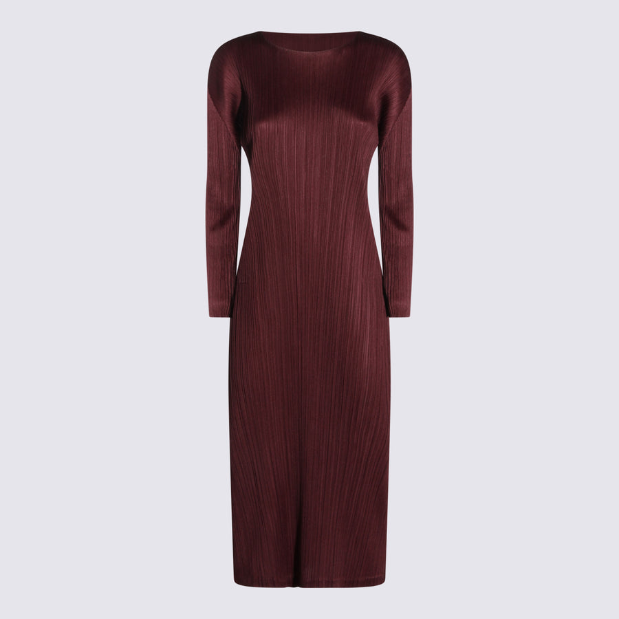 Pleats Please Issey Miyake 100% Polyester dress in burgundy