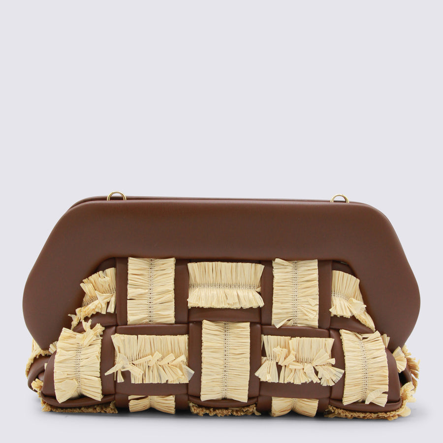Themoire' Leather and straw clutch in brown