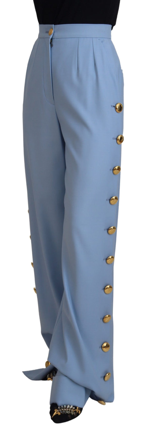 Light Blue Button Wide Leg Pants Wool