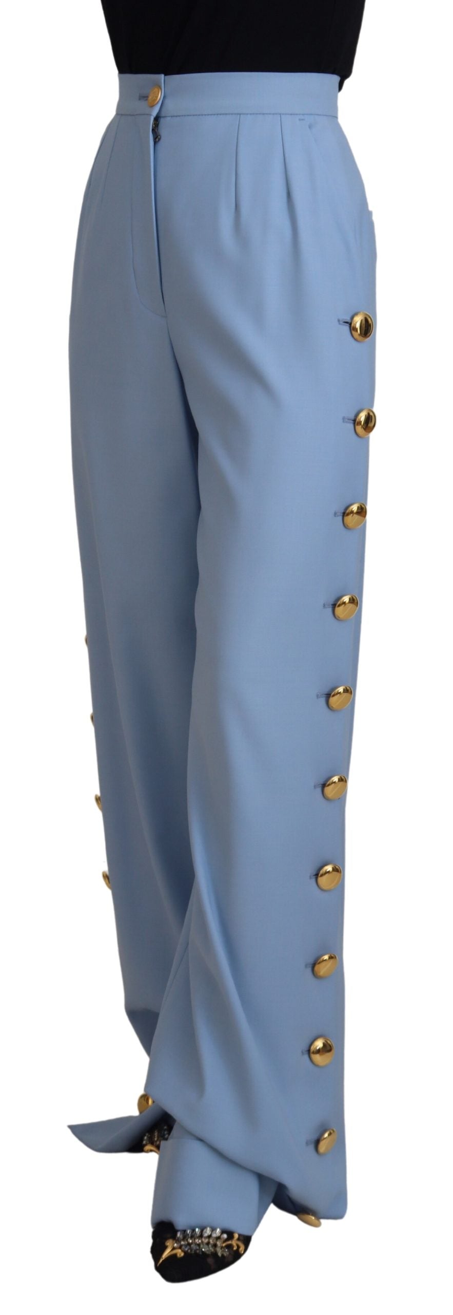 Light Blue Button Wide Leg Pants Wool