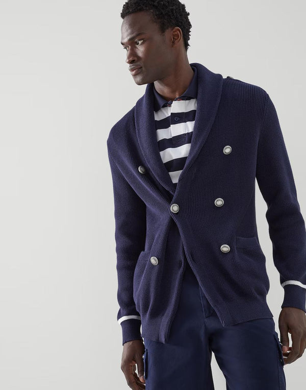 Brunello Cucinelli Mens Navy Double-Breasted Shawl Cardigan Clothing