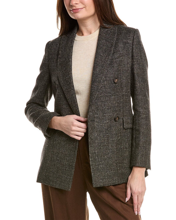 Brunello Cucinelli Womens Macro Melange Grey Wool Linen Blend Double Jacket Gray Clothing