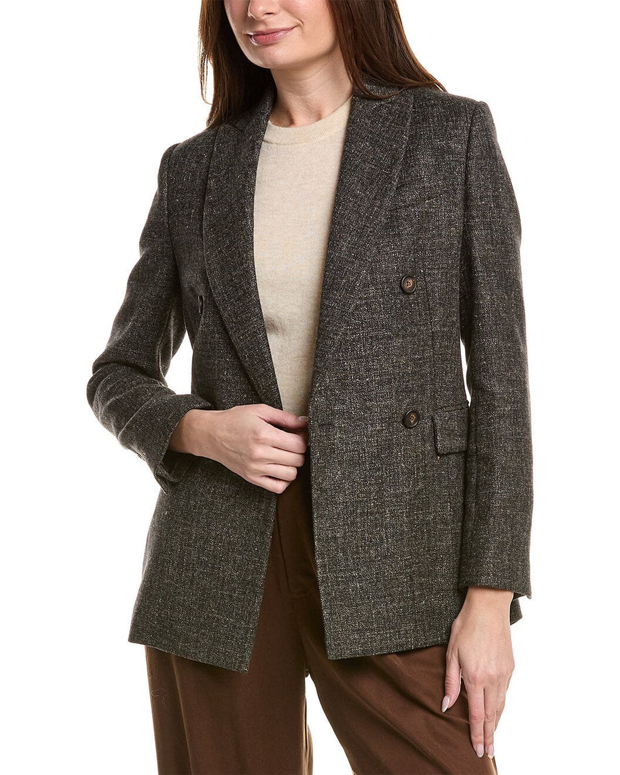 Brunello Cucinelli Womens Macro Melange Grey Wool Linen Blend Double Jacket Gray Clothing