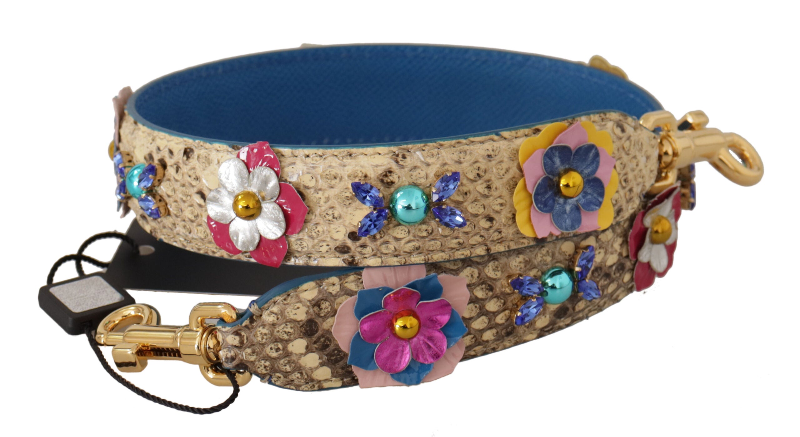 Beige Python Leather Floral Studded Shoulder Strap Bag