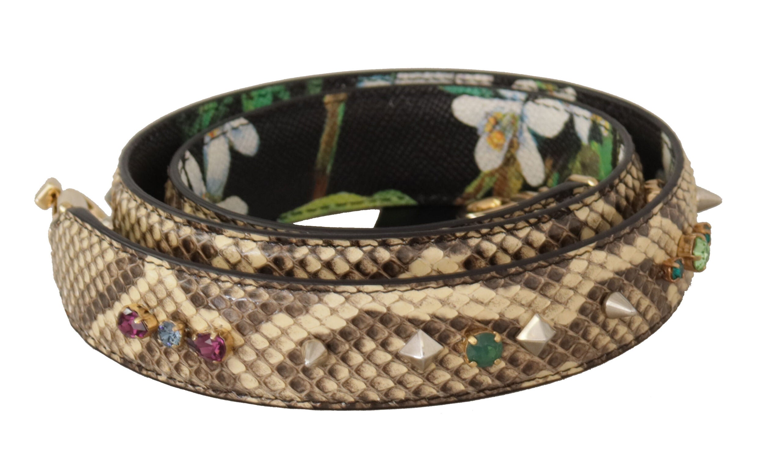 Beige Exotic Leather Crystals Reversible Shoulder Strap Python Bag