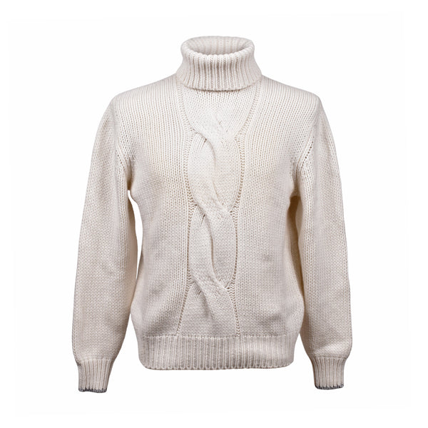 Brunello Cucinelli Mens Cream Cashmere Cable Sweater Clothing