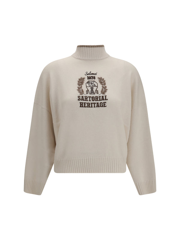 High Neck Sweater English White+brown Kashmir/capra Hircus
