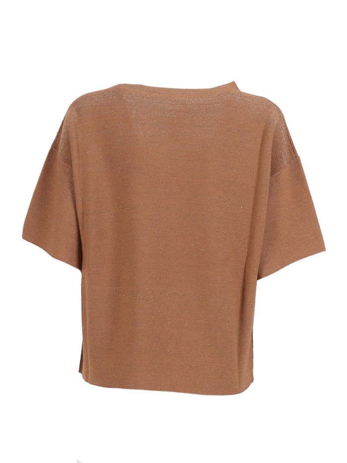 LUREX COTTON WOOL BOATNECK SHORT SLEEVE SWEATER Beige Viscose Polyester Crewneck