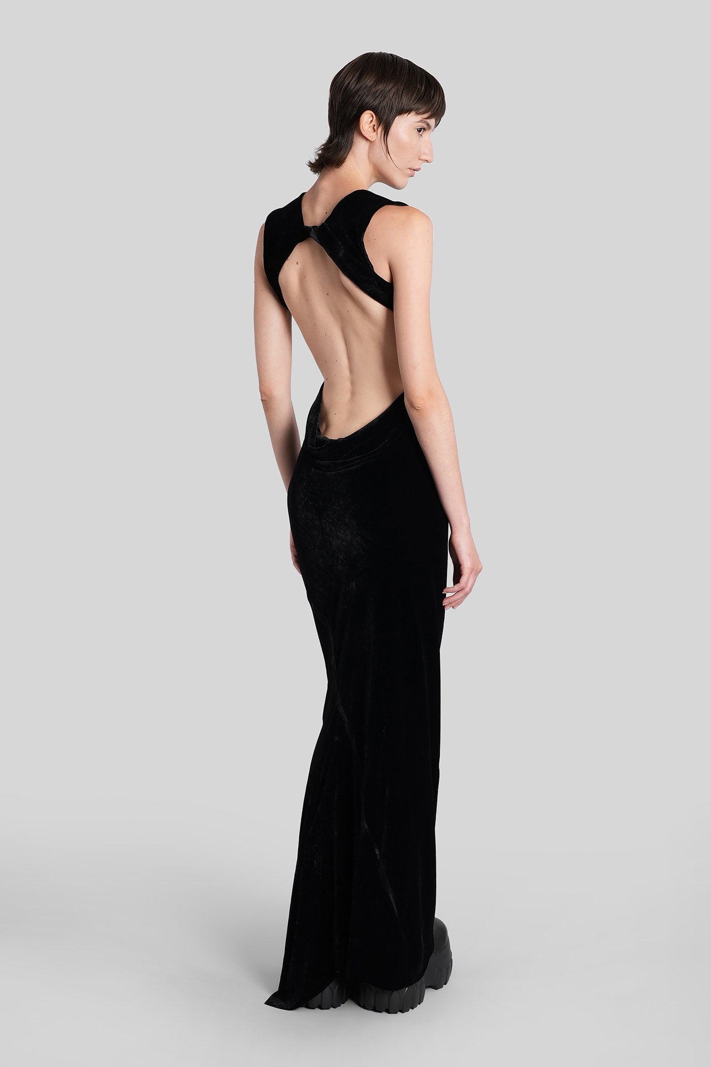 Open back gown Long dress in black viscose Abbigliamento