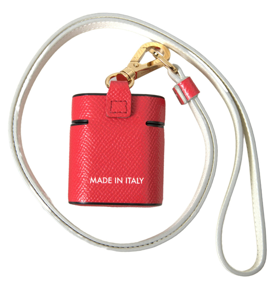 Red Leather Gold Tone Metal Logo Print Strap Airpods Case Calf Accessory