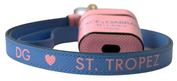 Pink Blue Calf Leather Logo Print Strap Airpods Case Accessory