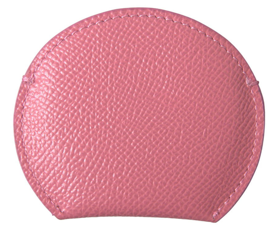 Pink Calfskin Leather Round Logo Print Hand Mirror Holder Accessory