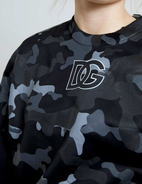 Black Camouflage Round Neck Sweatshirt Sweater Viscose Nylon Clothing