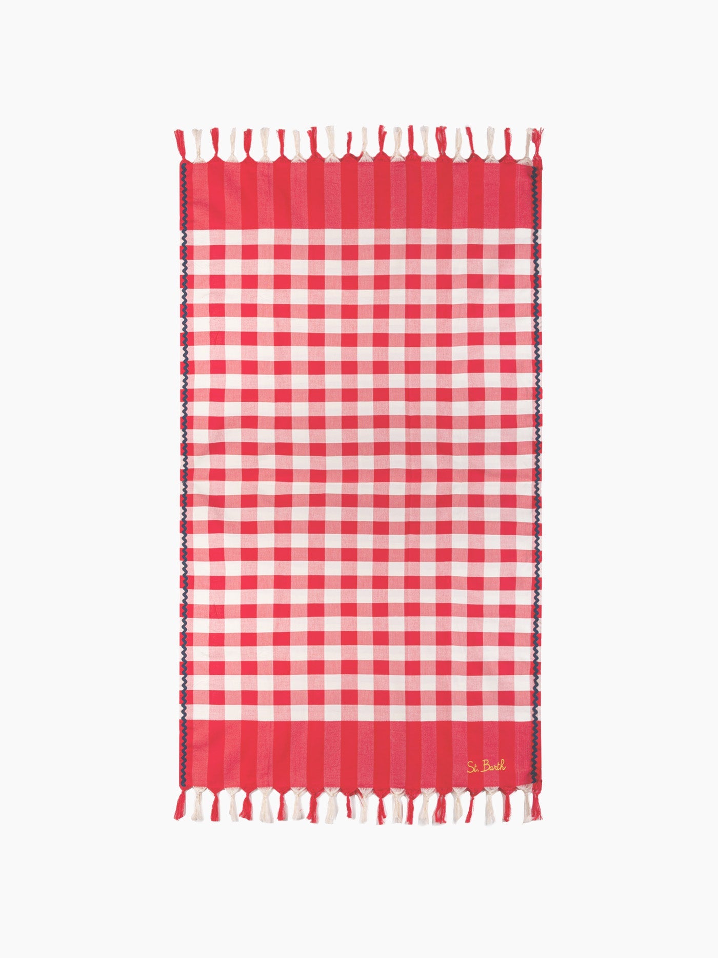 Fouta With Navy Blue Wave Trim And Gingham Print Red Towel