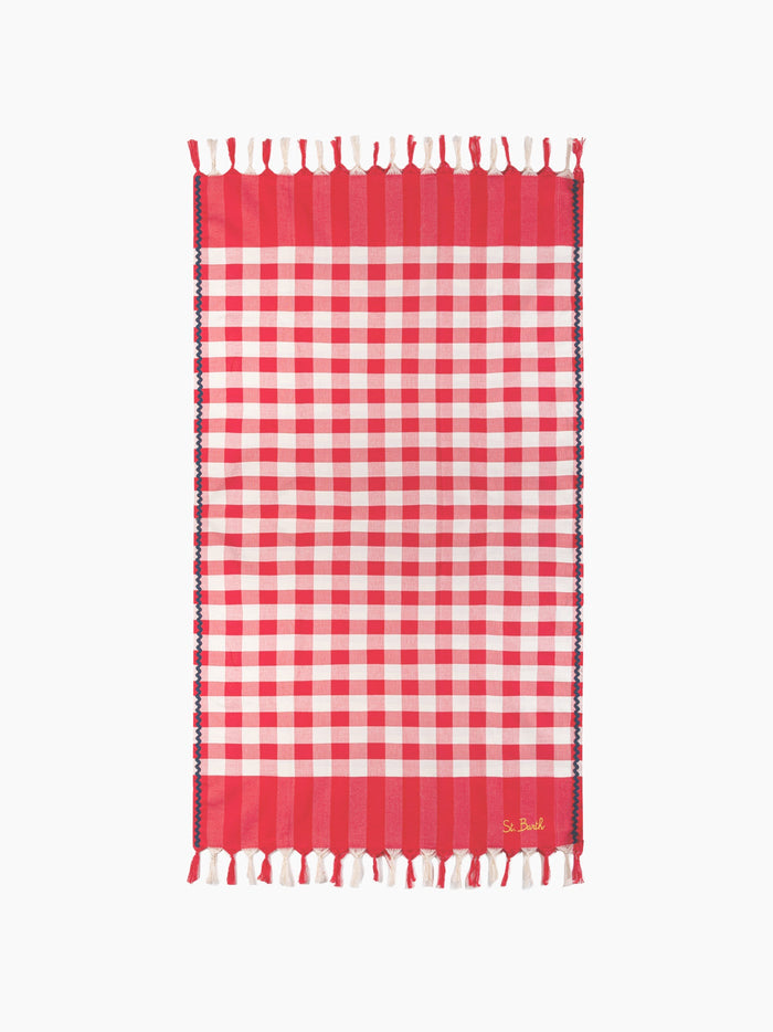 Fouta With Navy Blue Wave Trim And Gingham Print Red Towel