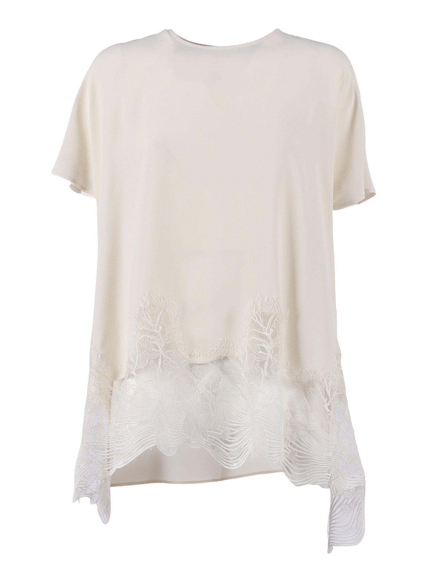 CREPE DE CHINE SHORT SLEEVE TOP WITH LACE BOTTM BAND White Acrylic Silk