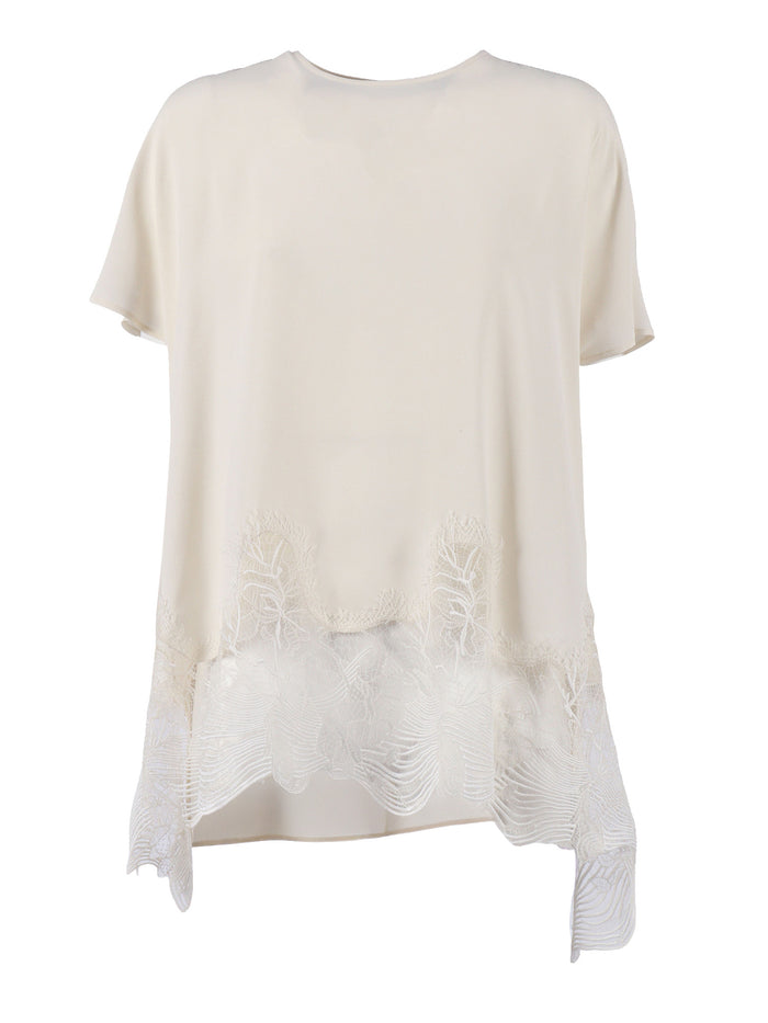 CREPE DE CHINE SHORT SLEEVE TOP WITH LACE BOTTM BAND White Acrylic Silk