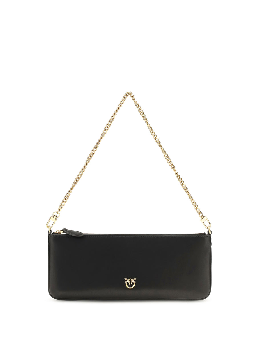 Horizontal Flat Leather Shoulder Bag Nero-antique Gold