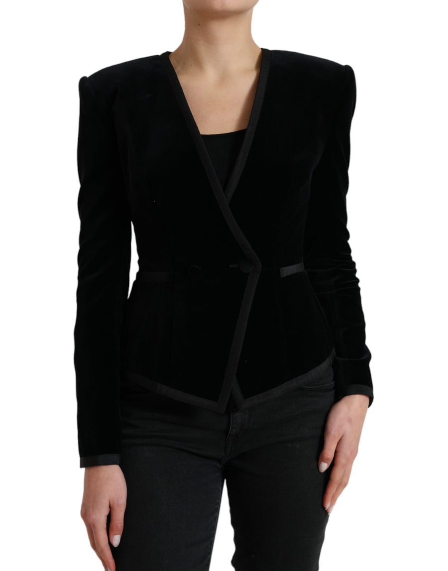 Black Velvet Cotton Double Breasted Jacket Silk Elastane Clothing