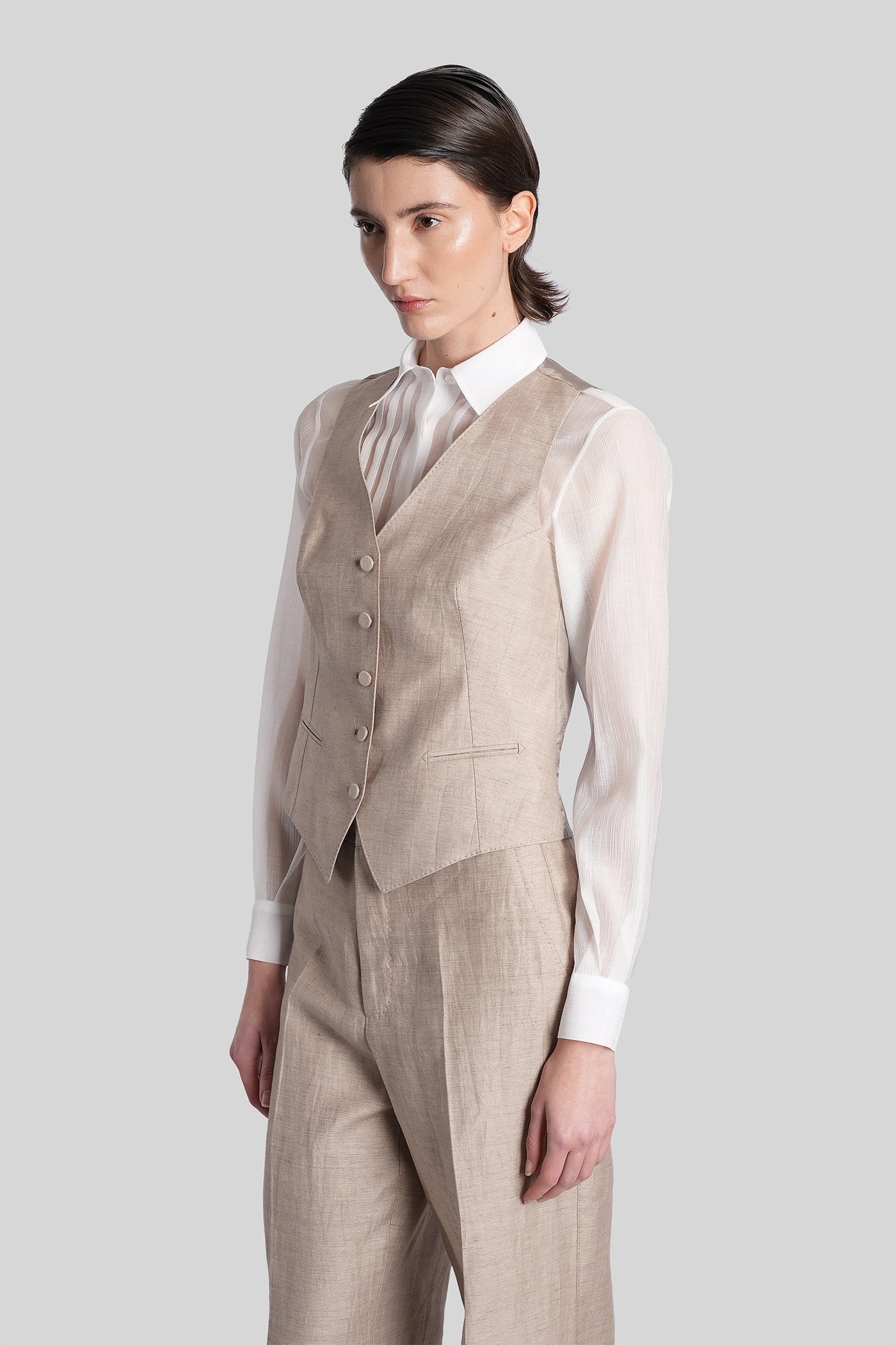 Gail Vest in taupe linen Abbigliamento