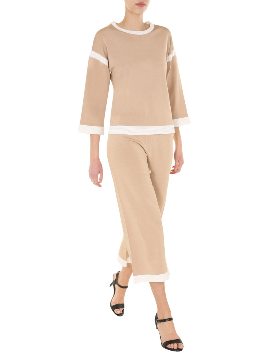 Cropped Trousers With Elasticated Waist Beige