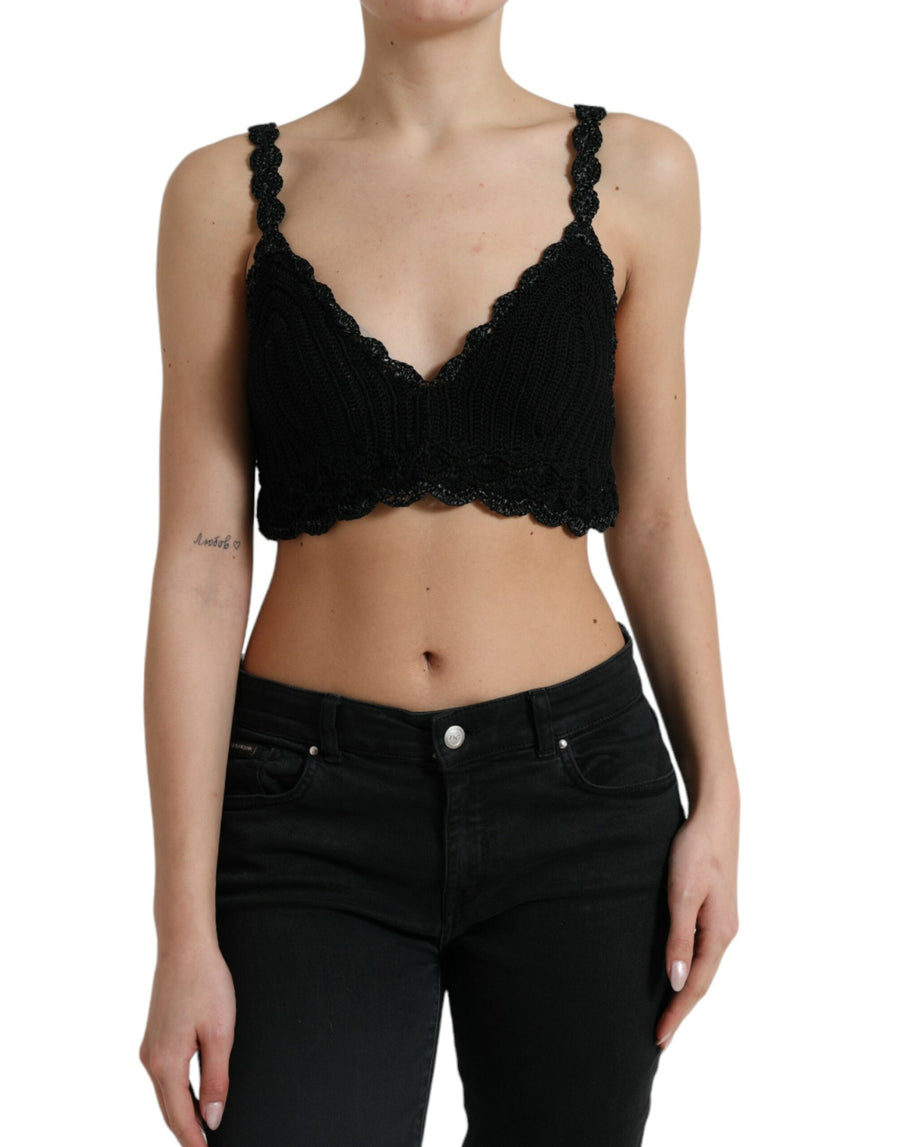 Black Cotton Bustier Cropped Crochet Tank Top Viscose