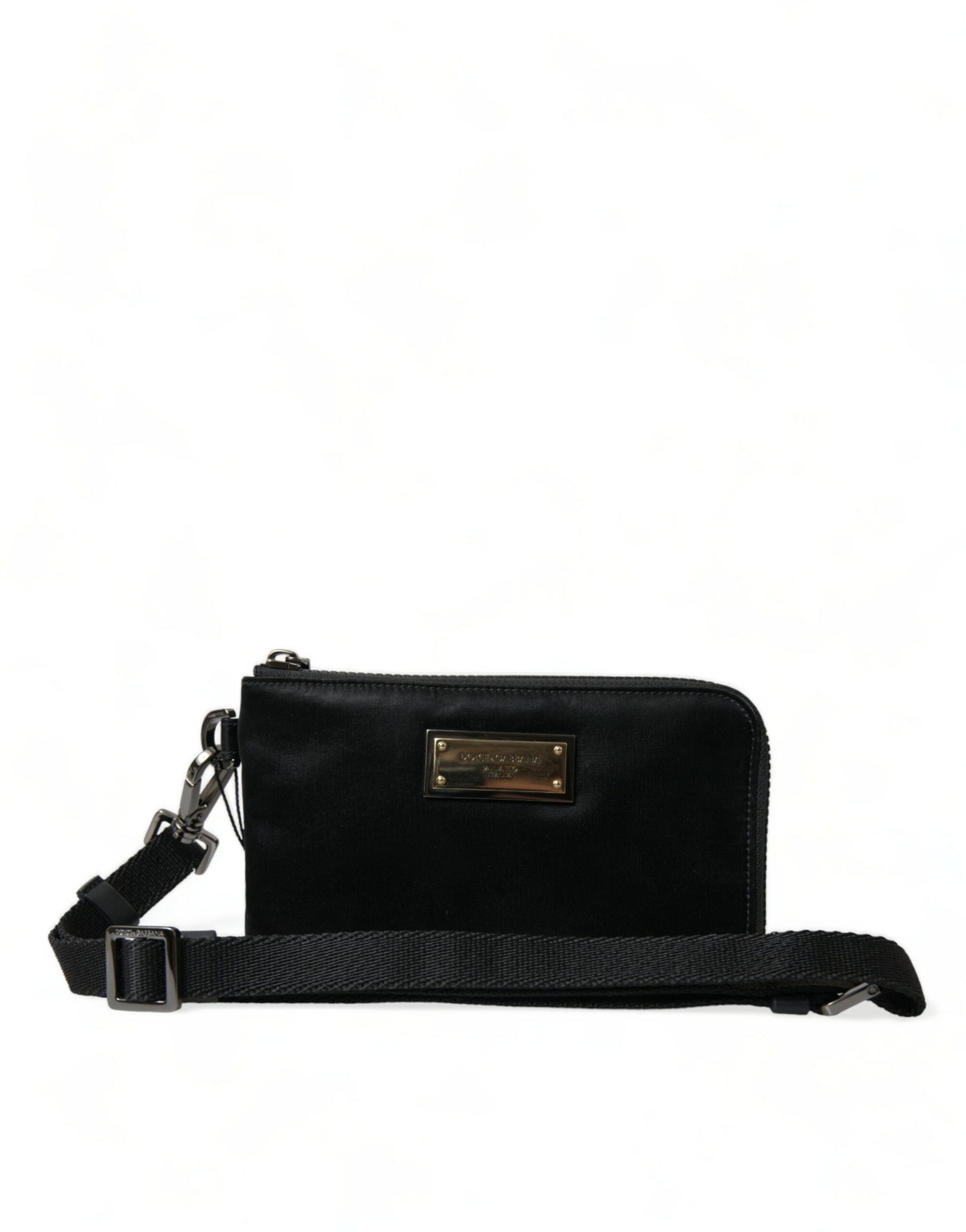 Black Nylon Logo Plaque Keyring Pouch Clutch Bag Leather