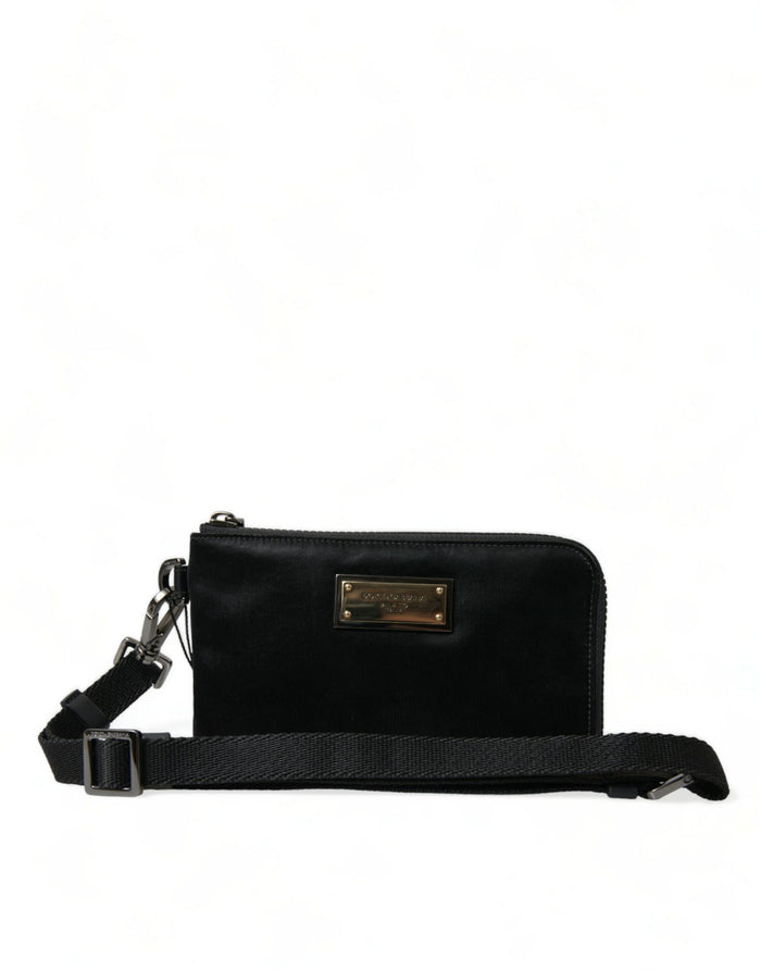 Black Nylon Logo Plaque Keyring Pouch Clutch Bag Leather