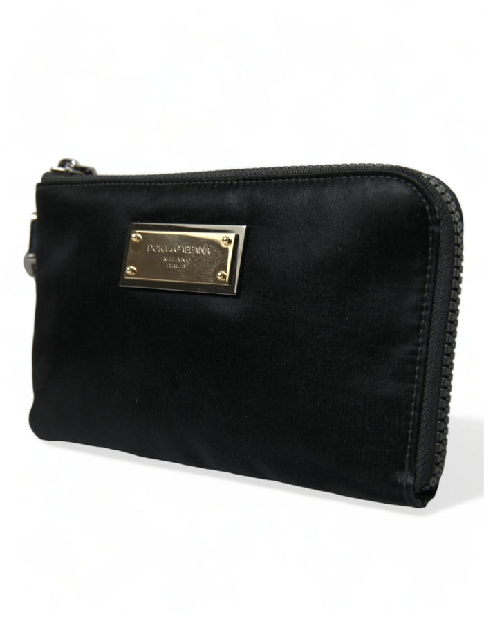 Black Nylon Logo Plaque Keyring Pouch Clutch Bag Leather
