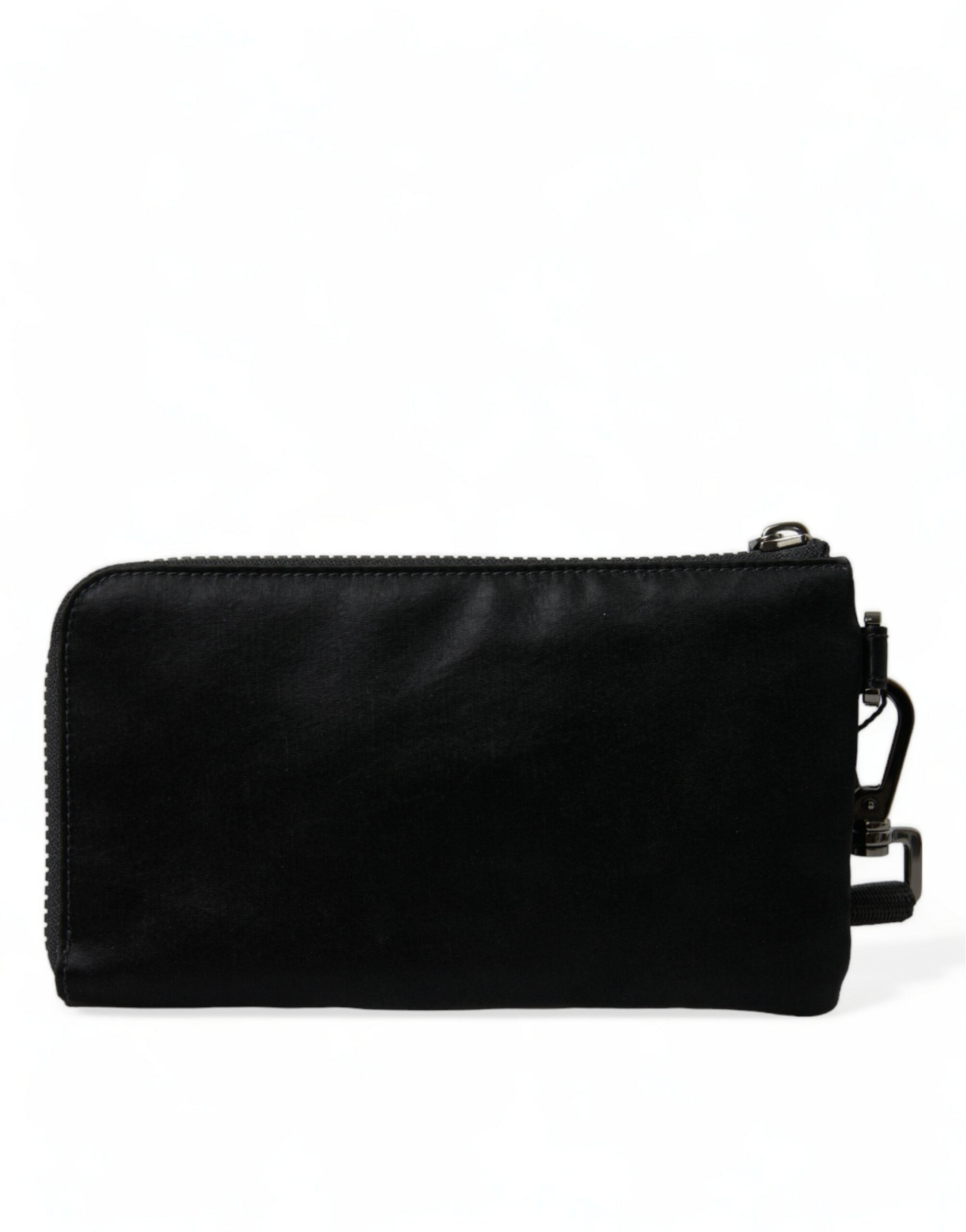 Black Nylon Logo Plaque Keyring Pouch Clutch Bag Leather